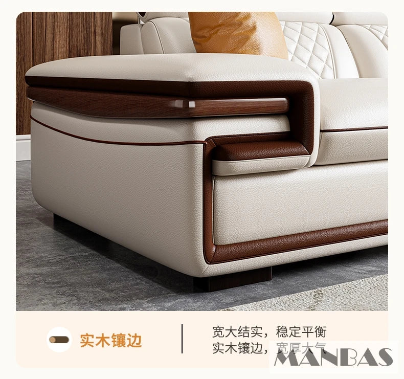 MINGDIBAO Premium Italian Genuine Leather Sofa Set for Living Room with Adjustable Headrests, Bluetooth Speaker, Wireless Charge