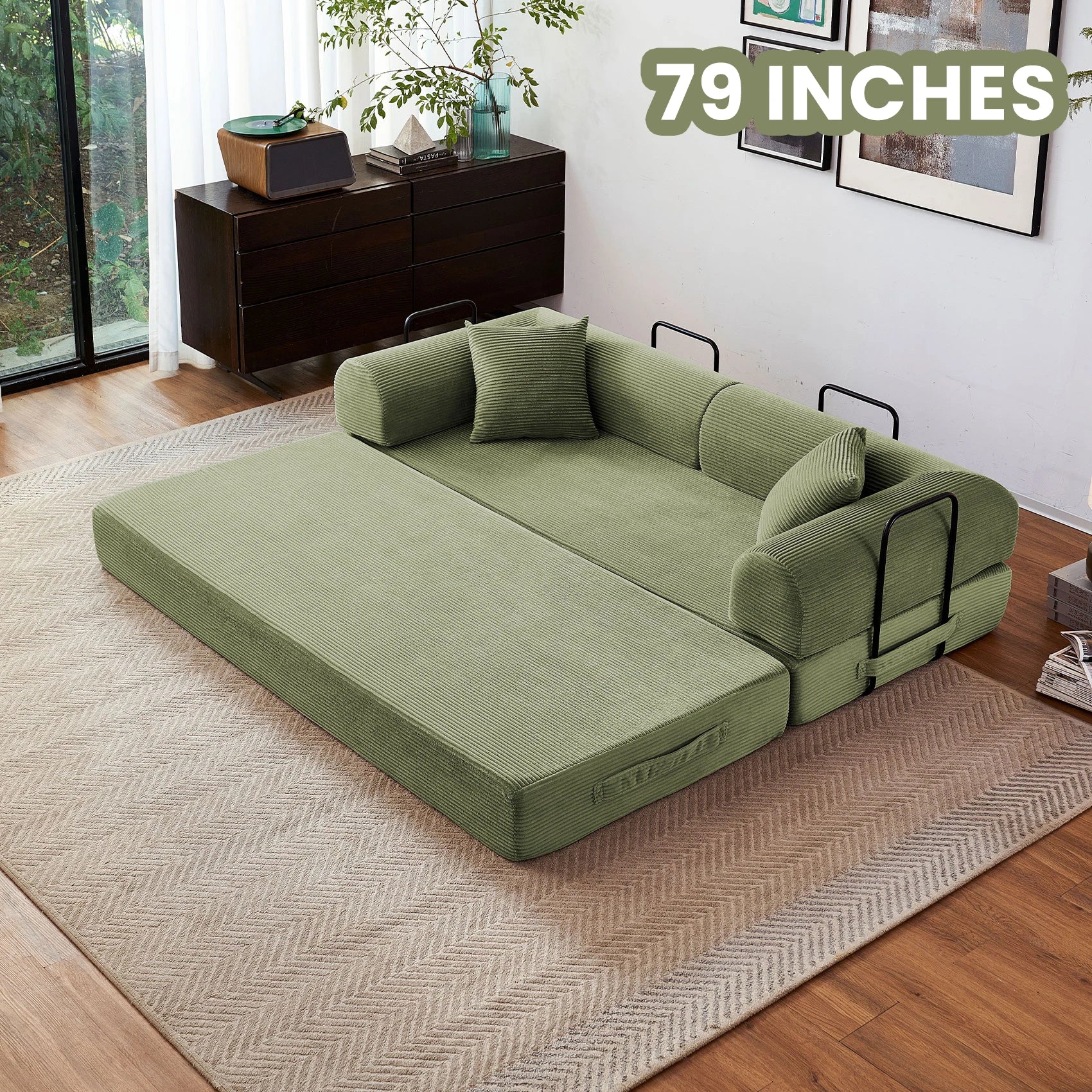 79'' Boneless Couch Foldable Convertible Futon Sleeper Sofa Bed Floor Lounge with L-Shaped Armrests for Living Room Sofas