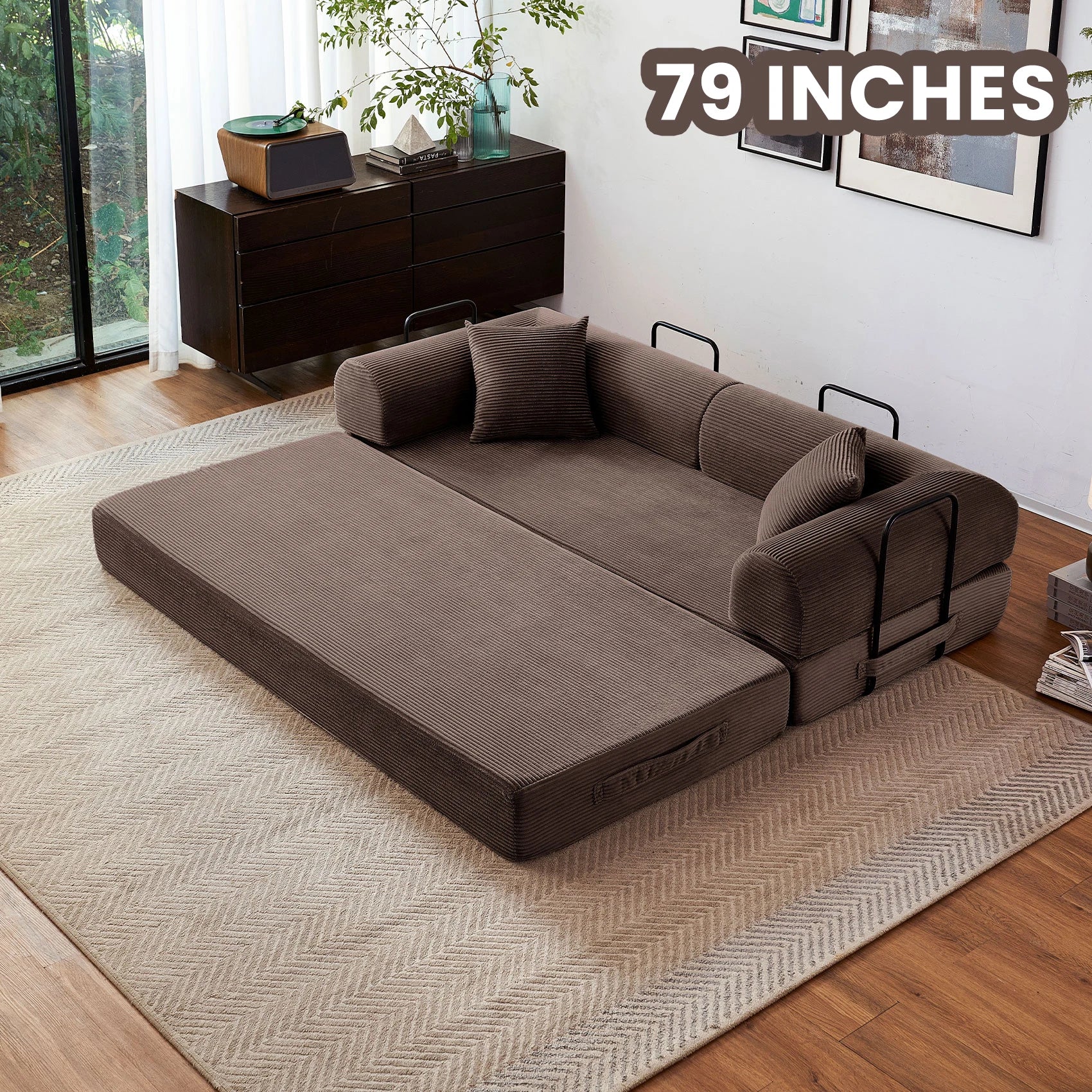 79'' Boneless Couch Foldable Convertible Futon Sleeper Sofa Bed Floor Lounge with L-Shaped Armrests for Living Room Sofas