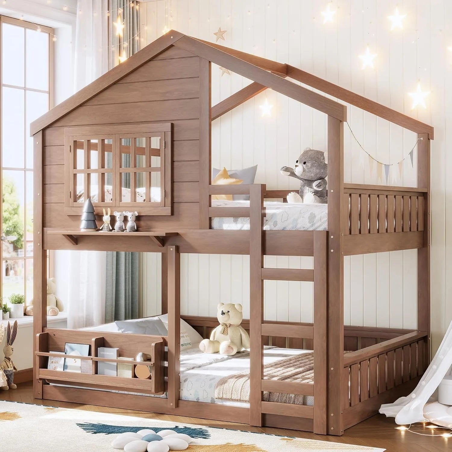 Full Size House Bunk Bed with Bookshelf Safety Fencing Shelves Ladder Kids Floor Bedroom Furniture Natural Wood Custom