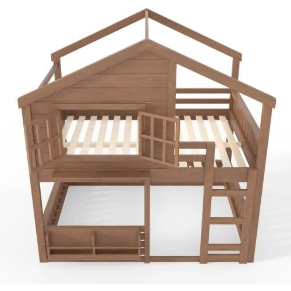Full Size House Bunk Bed with Bookshelf Safety Fencing Shelves Ladder Kids Floor Bedroom Furniture Natural Wood Custom