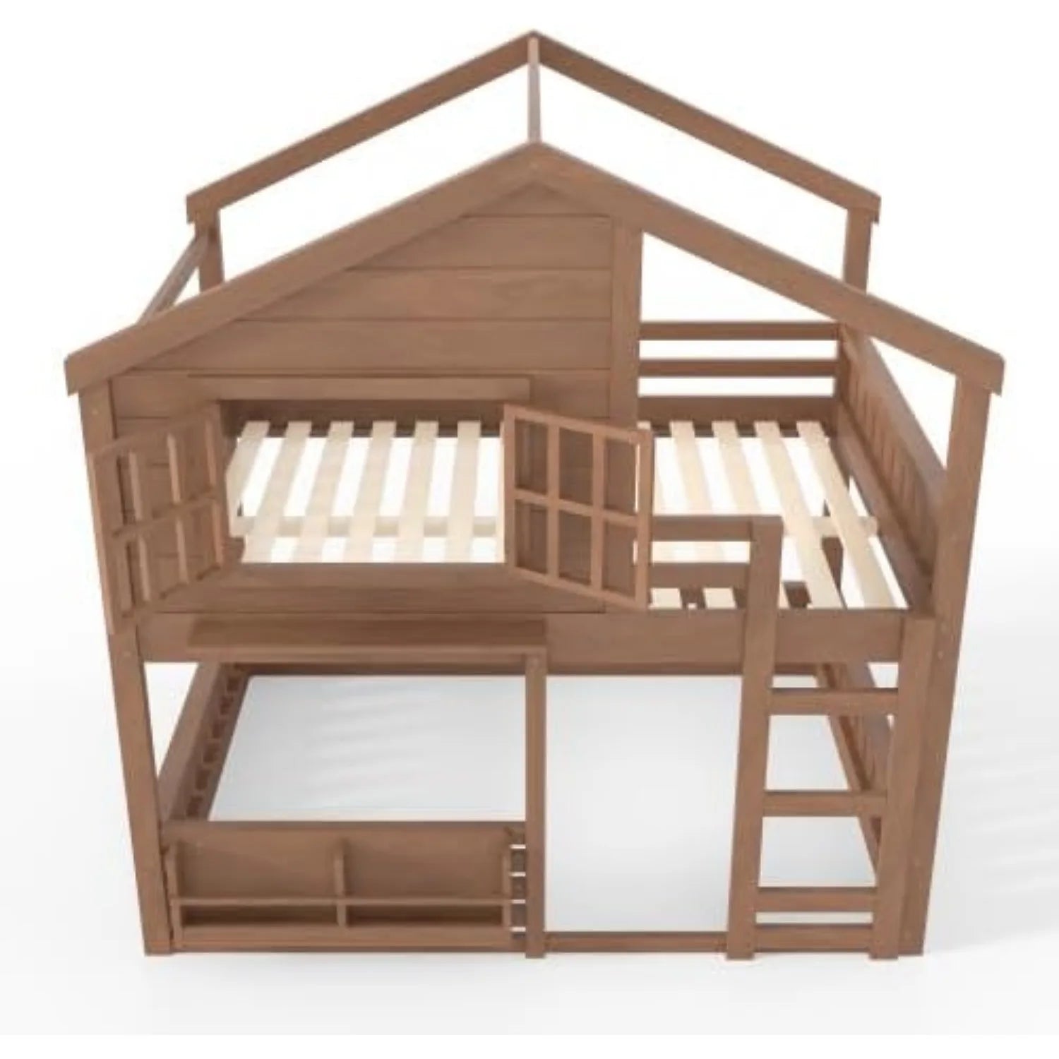 Full Size House Bunk Bed with Bookshelf Safety Fencing Shelves Ladder Kids Floor Bedroom Furniture Natural Wood Custom