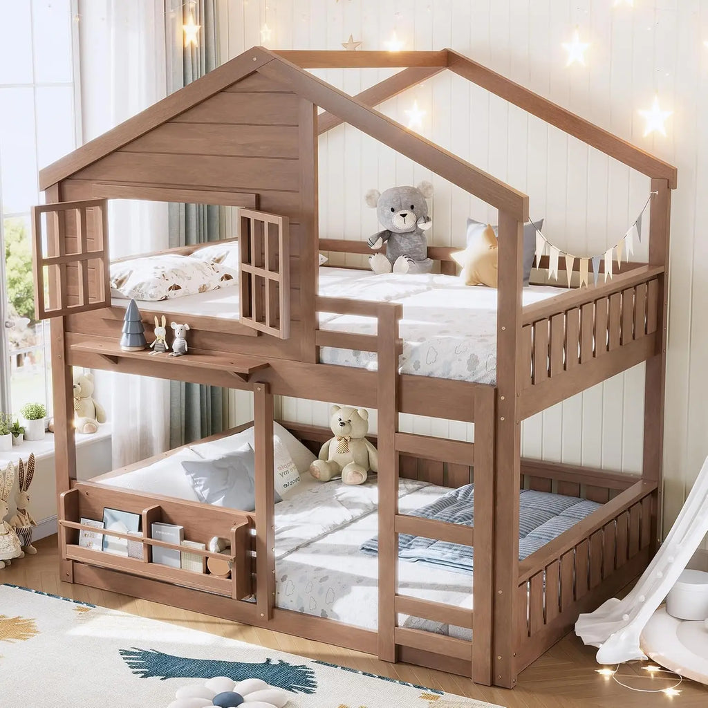 Full Size House Bunk Bed with Bookshelf Safety Fencing Shelves Ladder Kids Floor Bedroom Furniture Natural Wood Custom