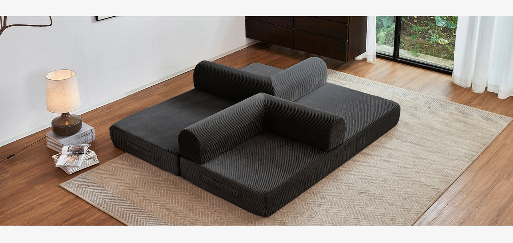 79'' Boneless Couch Foldable Convertible Futon Sleeper Sofa Bed Floor Lounge with L-Shaped Armrests for Living Room Sofas