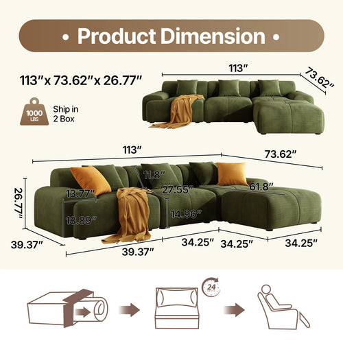 113" Modern L-Shaped Modular Sectional Sofa for Living Room, Corduroy Upholstery Green, 3-Seater Cloud Couchand Movable Ottoman