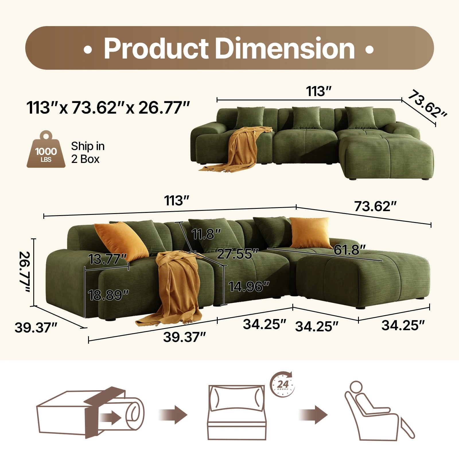 113" Modern L-Shaped Modular Sectional Sofa for Living Room, Corduroy Upholstery Green, 3-Seater Cloud Couchand Movable Ottoman