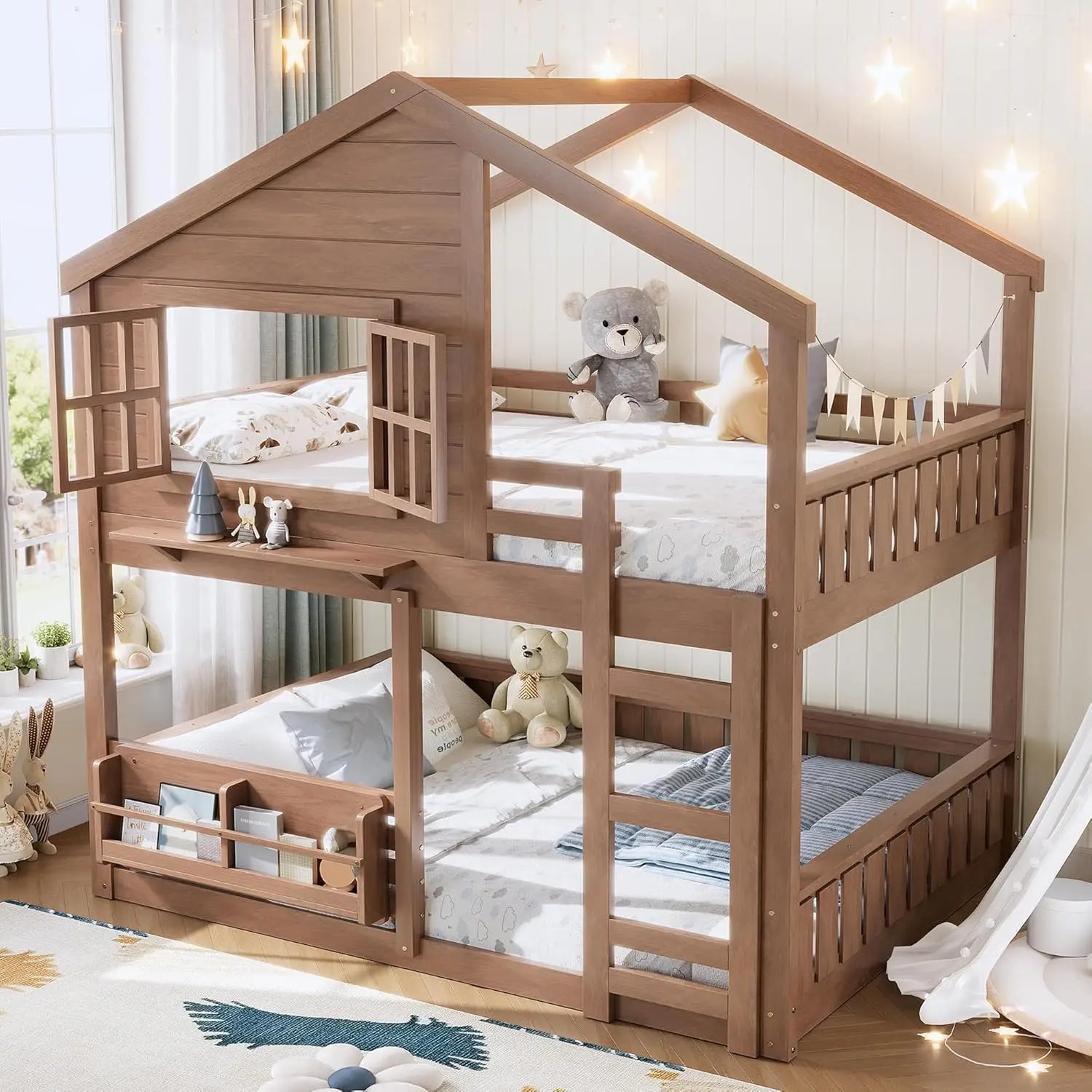 Full Size House Bunk Bed with Bookshelf Safety Fencing Shelves Ladder Kids Floor Bedroom Furniture Natural Wood Custom