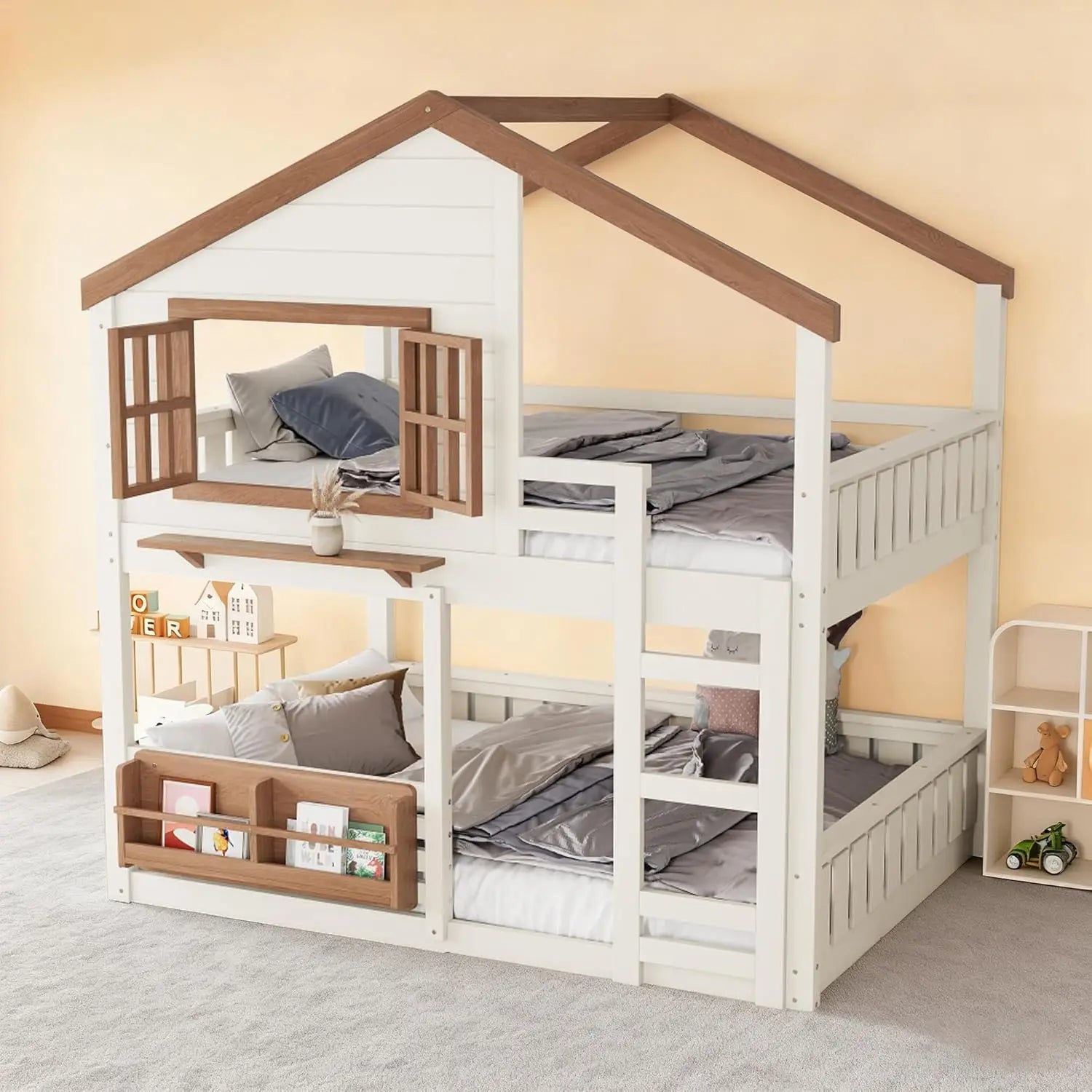 Full Size House Bunk Bed with Bookshelf Safety Fencing Shelves Ladder Kids Floor Bedroom Furniture Natural Wood Custom