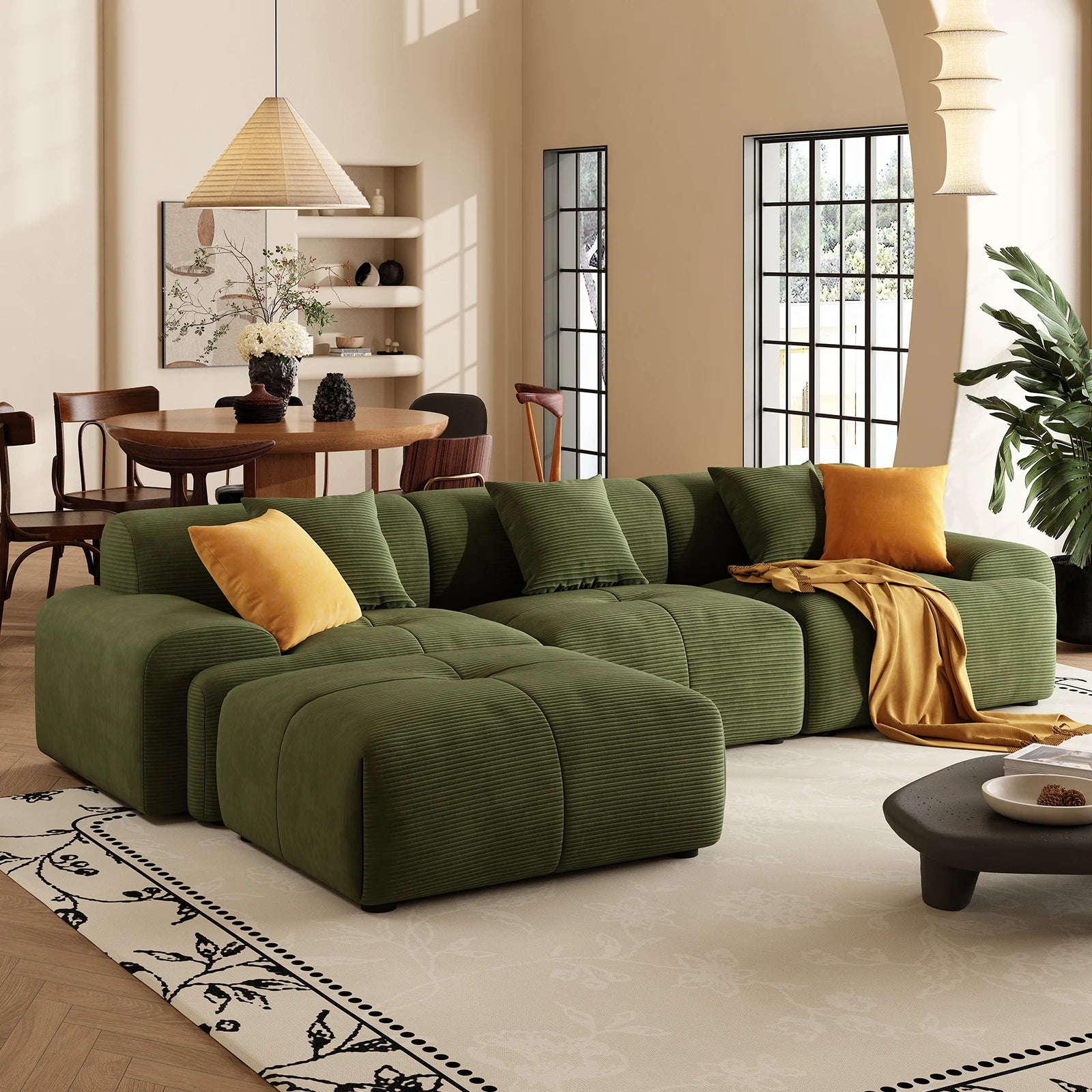 113" Modern L-Shaped Modular Sectional Sofa for Living Room, Corduroy Upholstery Green, 3-Seater Cloud Couchand Movable Ottoman