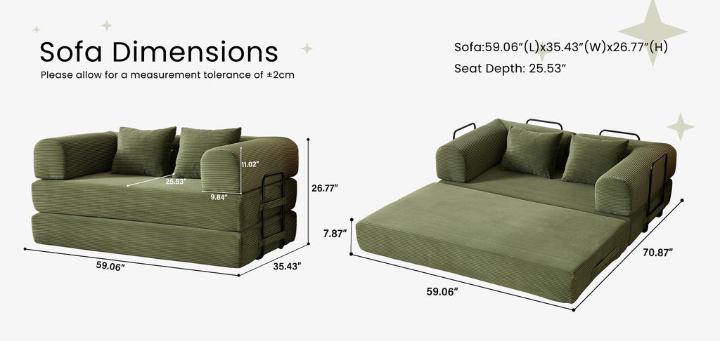79'' Boneless Couch Foldable Convertible Futon Sleeper Sofa Bed Floor Lounge with L-Shaped Armrests for Living Room Sofas