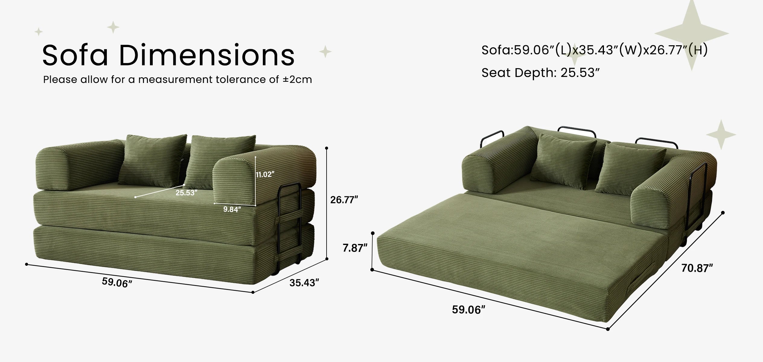 79'' Boneless Couch Foldable Convertible Futon Sleeper Sofa Bed Floor Lounge with L-Shaped Armrests for Living Room Sofas