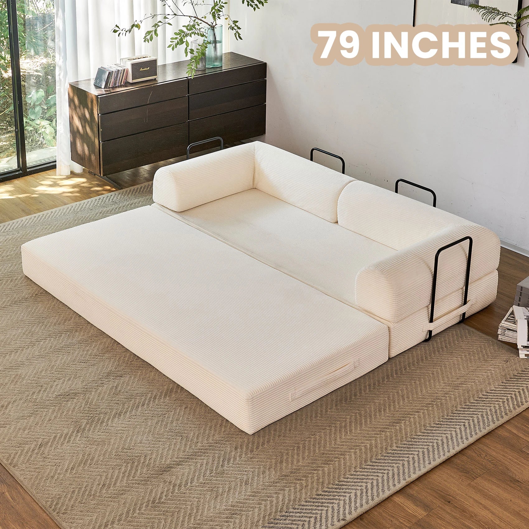 79'' Boneless Couch Foldable Convertible Futon Sleeper Sofa Bed Floor Lounge with L-Shaped Armrests for Living Room Sofas