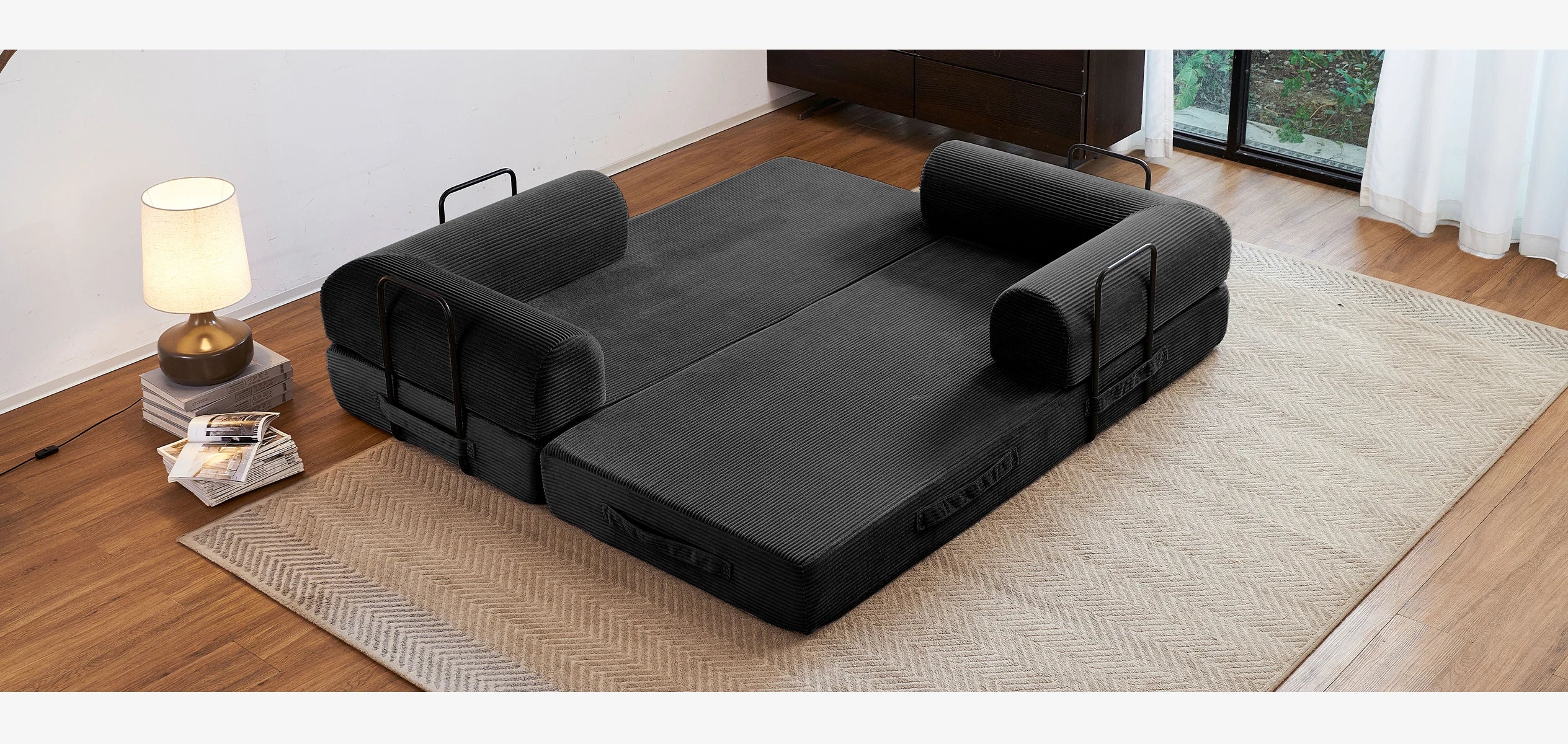 79'' Boneless Couch Foldable Convertible Futon Sleeper Sofa Bed Floor Lounge with L-Shaped Armrests for Living Room Sofas