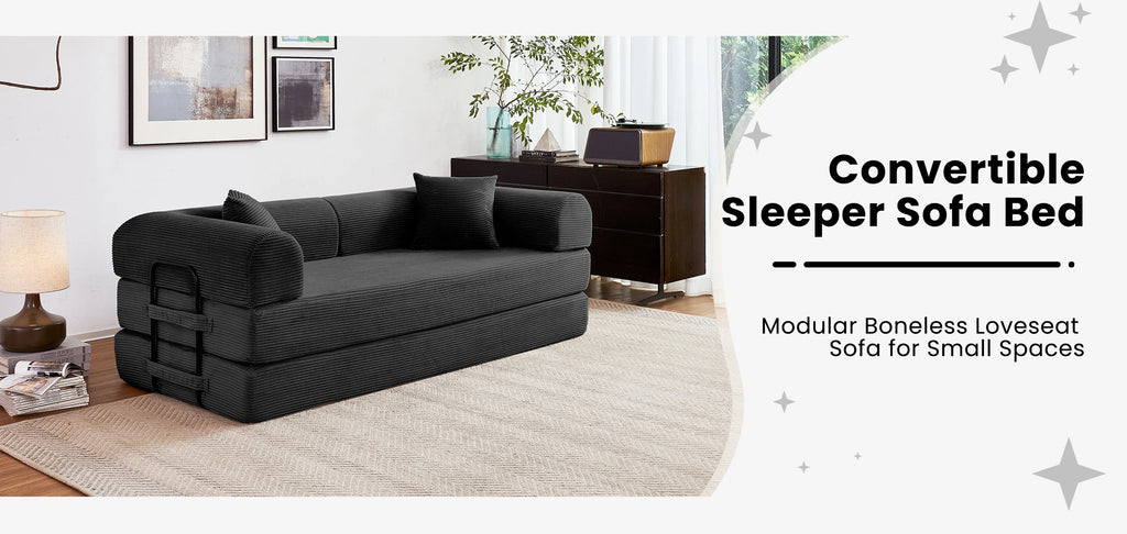 79'' Boneless Couch Foldable Convertible Futon Sleeper Sofa Bed Floor Lounge with L-Shaped Armrests for Living Room Sofas