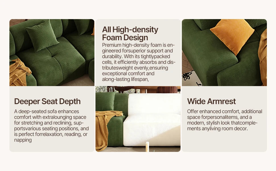 113" Modern L-Shaped Modular Sectional Sofa for Living Room, Corduroy Upholstery Green, 3-Seater Cloud Couchand Movable Ottoman