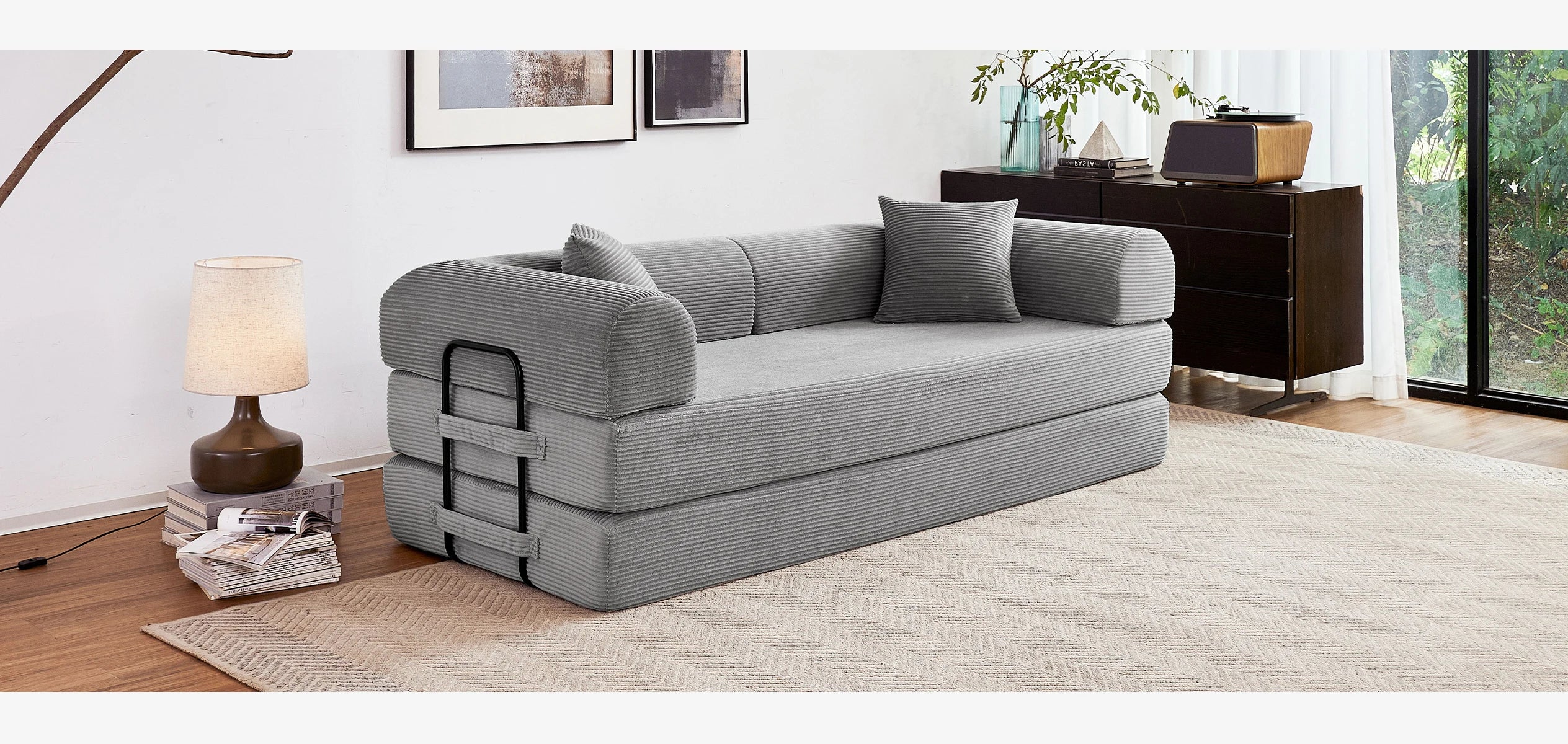 79'' Boneless Couch Foldable Convertible Futon Sleeper Sofa Bed Floor Lounge with L-Shaped Armrests for Living Room Sofas