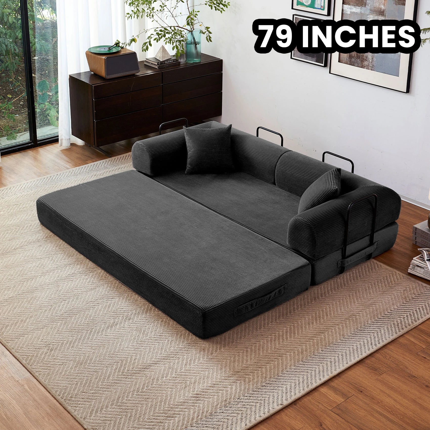 79'' Boneless Couch Foldable Convertible Futon Sleeper Sofa Bed Floor Lounge with L-Shaped Armrests for Living Room Sofas