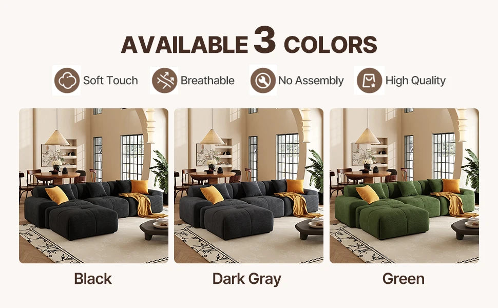 113" Modern L-Shaped Modular Sectional Sofa for Living Room, Corduroy Upholstery Green, 3-Seater Cloud Couchand Movable Ottoman