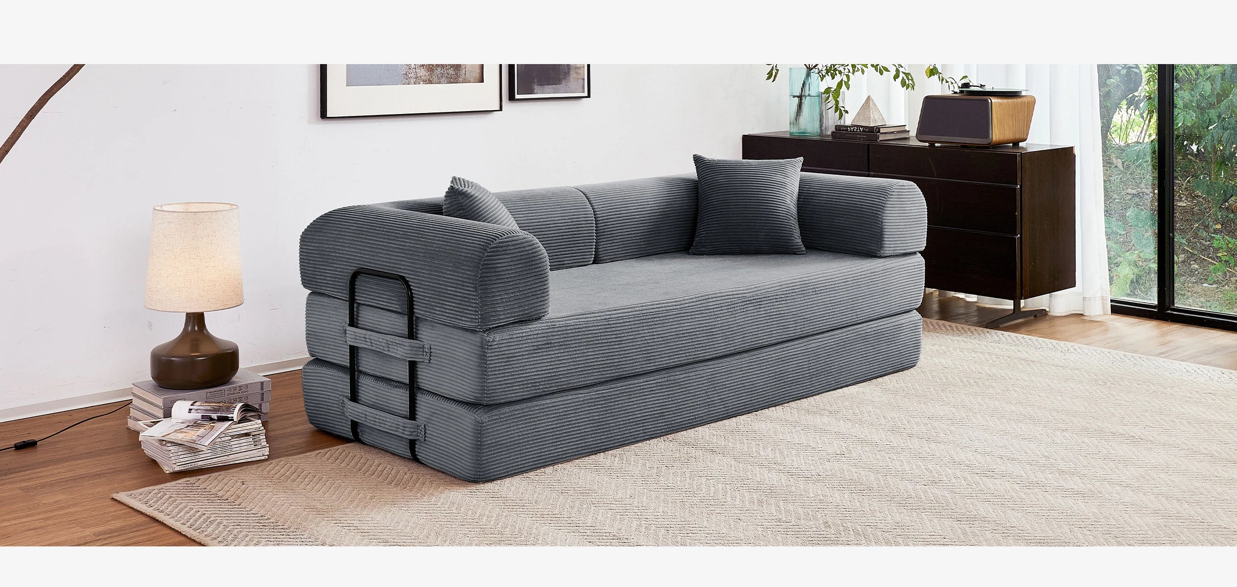 79'' Boneless Couch Foldable Convertible Futon Sleeper Sofa Bed Floor Lounge with L-Shaped Armrests for Living Room Sofas