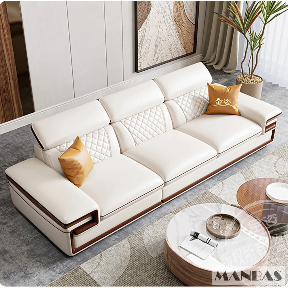 MINGDIBAO Premium Italian Genuine Leather Sofa Set for Living Room with Adjustable Headrests, Bluetooth Speaker, Wireless Charge