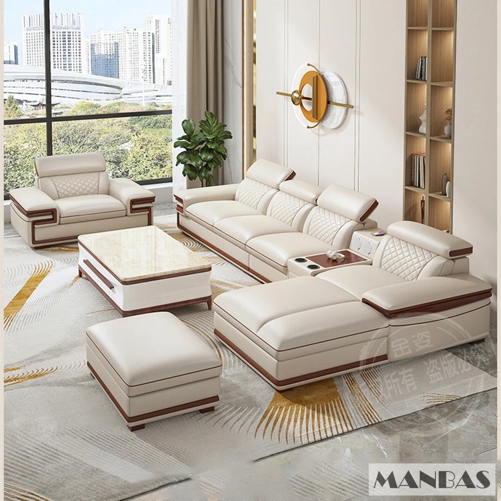 MINGDIBAO Premium Italian Genuine Leather Sofa Set for Living Room with Adjustable Headrests, Bluetooth Speaker, Wireless Charge
