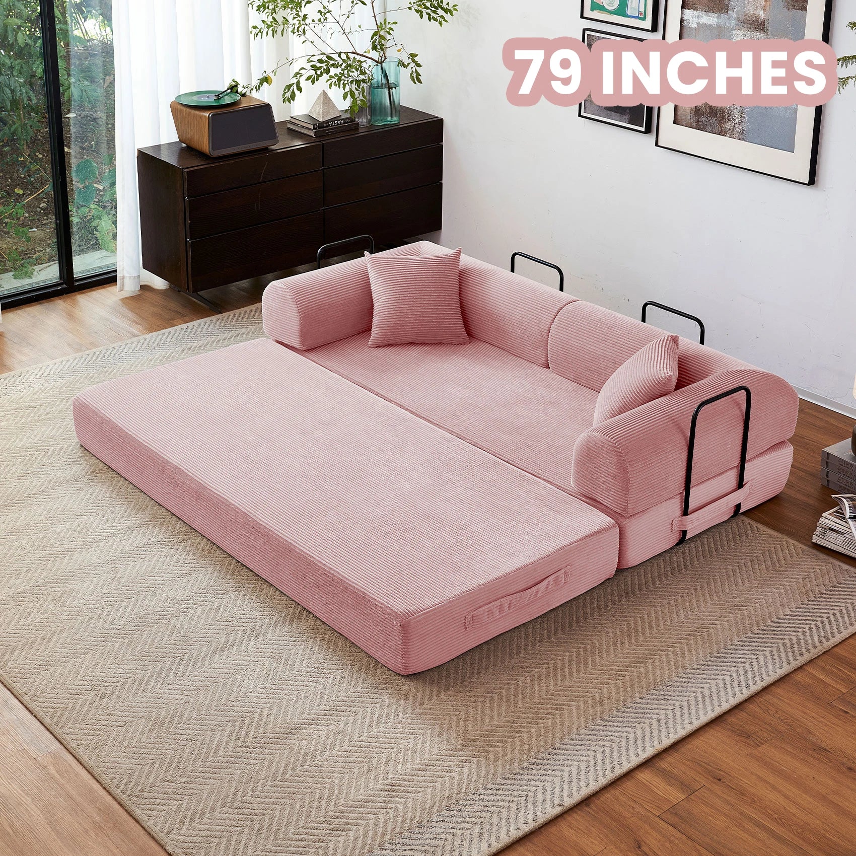79'' Boneless Couch Foldable Convertible Futon Sleeper Sofa Bed Floor Lounge with L-Shaped Armrests for Living Room Sofas