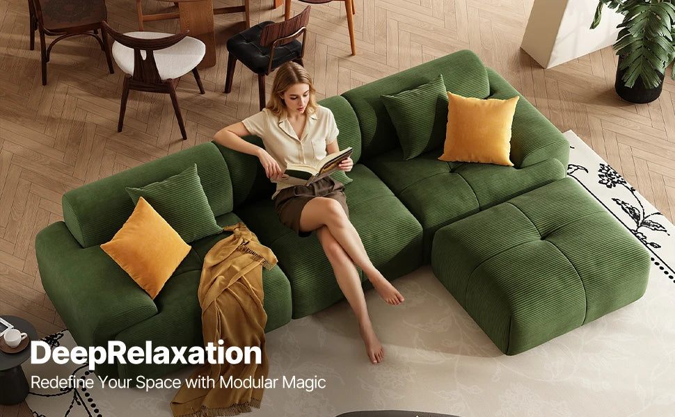 113" Modern L-Shaped Modular Sectional Sofa for Living Room, Corduroy Upholstery Green, 3-Seater Cloud Couchand Movable Ottoman
