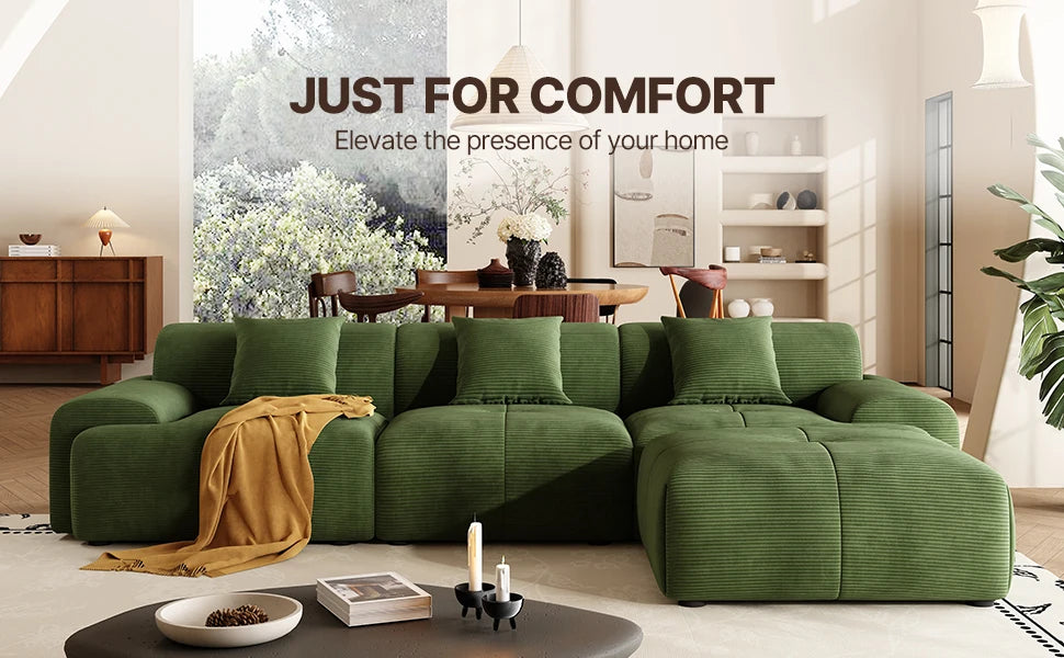 113" Modern L-Shaped Modular Sectional Sofa for Living Room, Corduroy Upholstery Green, 3-Seater Cloud Couchand Movable Ottoman