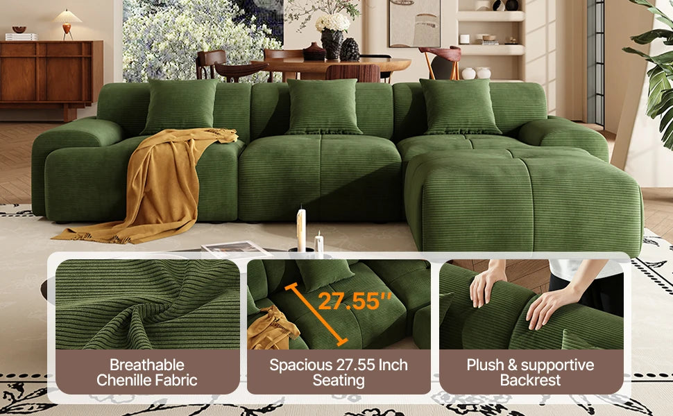 113" Modern L-Shaped Modular Sectional Sofa for Living Room, Corduroy Upholstery Green, 3-Seater Cloud Couchand Movable Ottoman