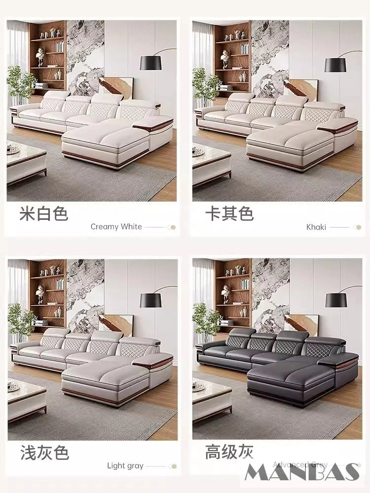 MINGDIBAO Premium Italian Genuine Leather Sofa Set for Living Room with Adjustable Headrests, Bluetooth Speaker, Wireless Charge