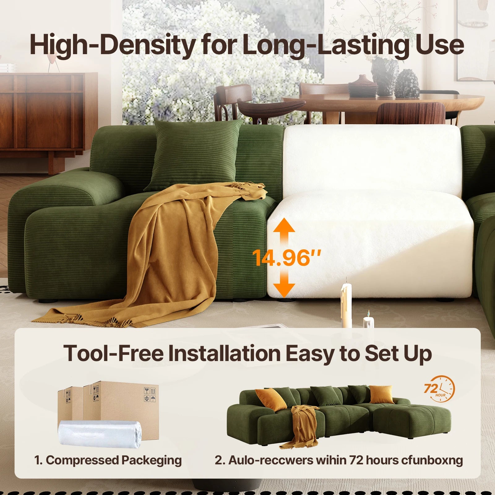 113" Modern L-Shaped Modular Sectional Sofa for Living Room, Corduroy Upholstery Green, 3-Seater Cloud Couchand Movable Ottoman