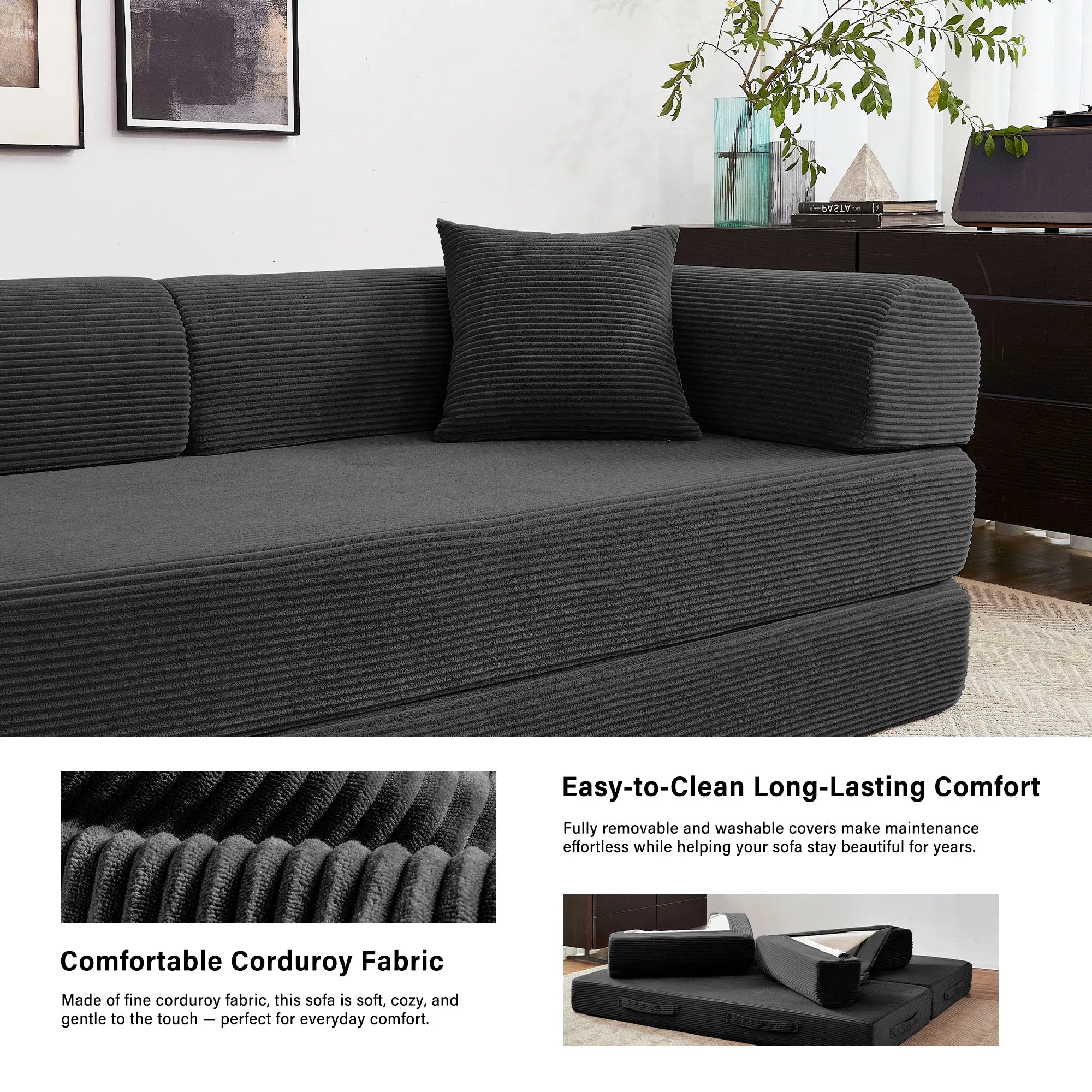 79'' Boneless Couch Foldable Convertible Futon Sleeper Sofa Bed Floor Lounge with L-Shaped Armrests for Living Room Sofas