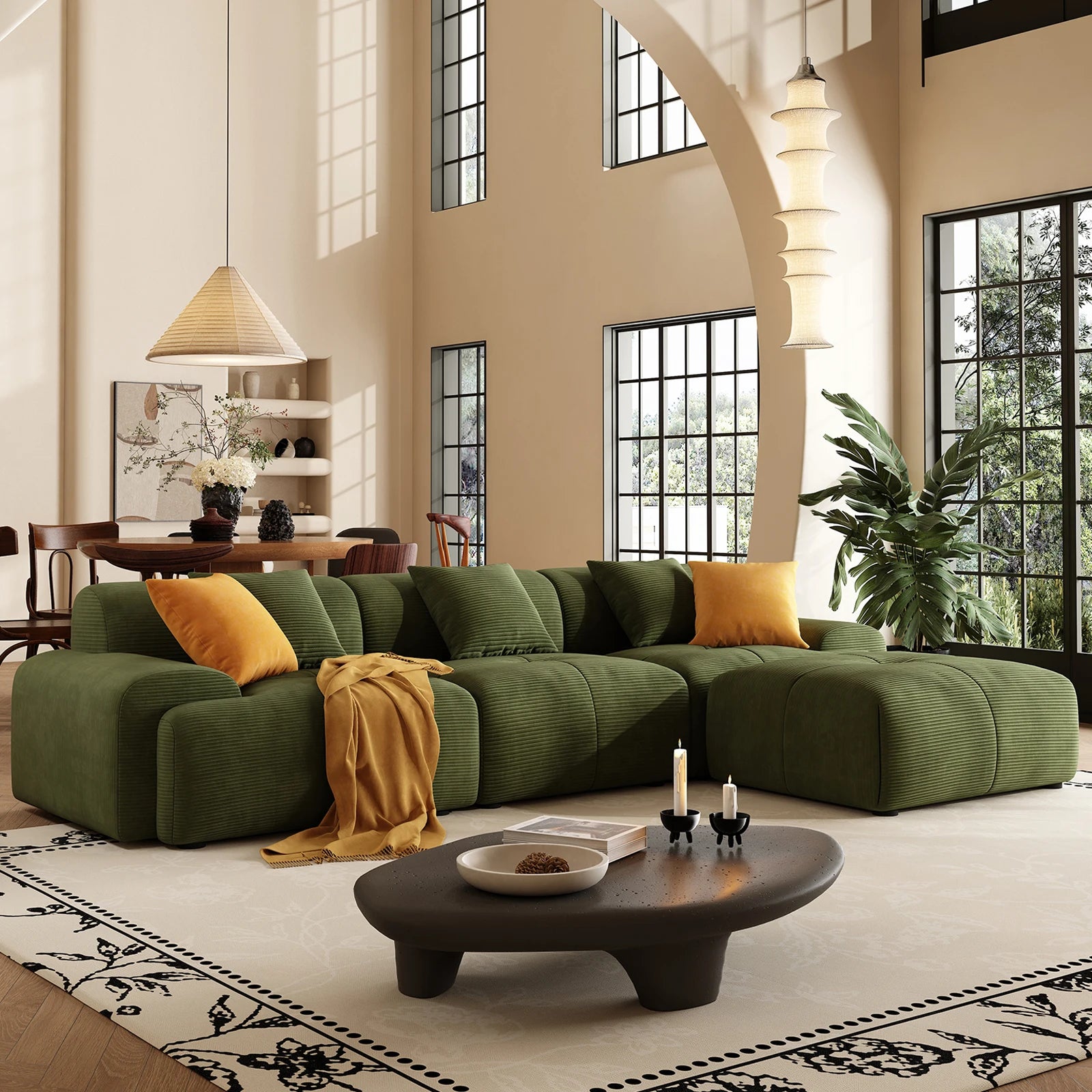 113" Modern L-Shaped Modular Sectional Sofa for Living Room, Corduroy Upholstery Green, 3-Seater Cloud Couchand Movable Ottoman