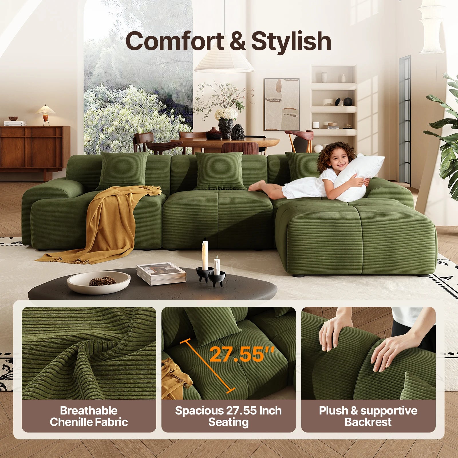 113" Modern L-Shaped Modular Sectional Sofa for Living Room, Corduroy Upholstery Green, 3-Seater Cloud Couchand Movable Ottoman