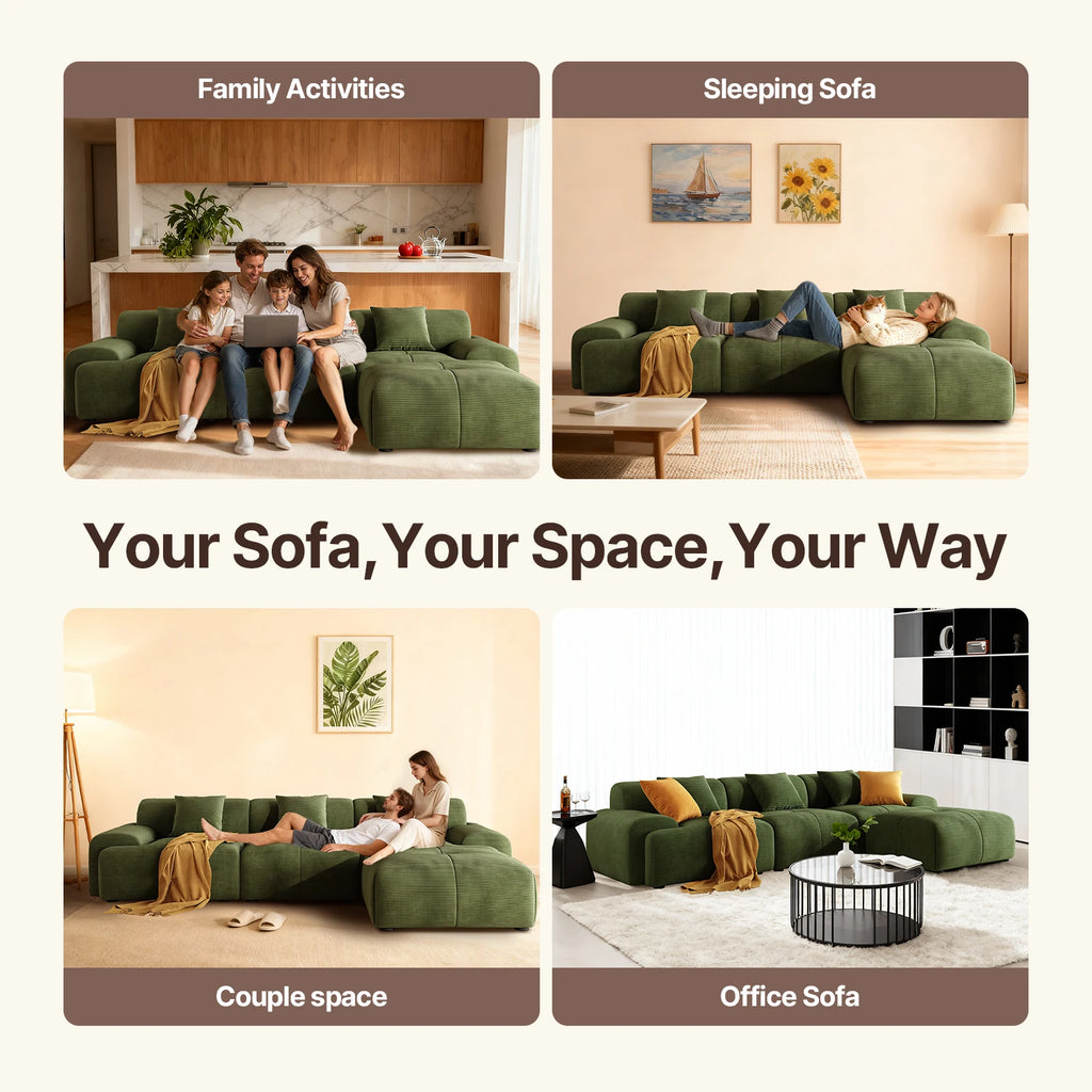 113" Modern L-Shaped Modular Sectional Sofa for Living Room, Corduroy Upholstery Green, 3-Seater Cloud Couchand Movable Ottoman