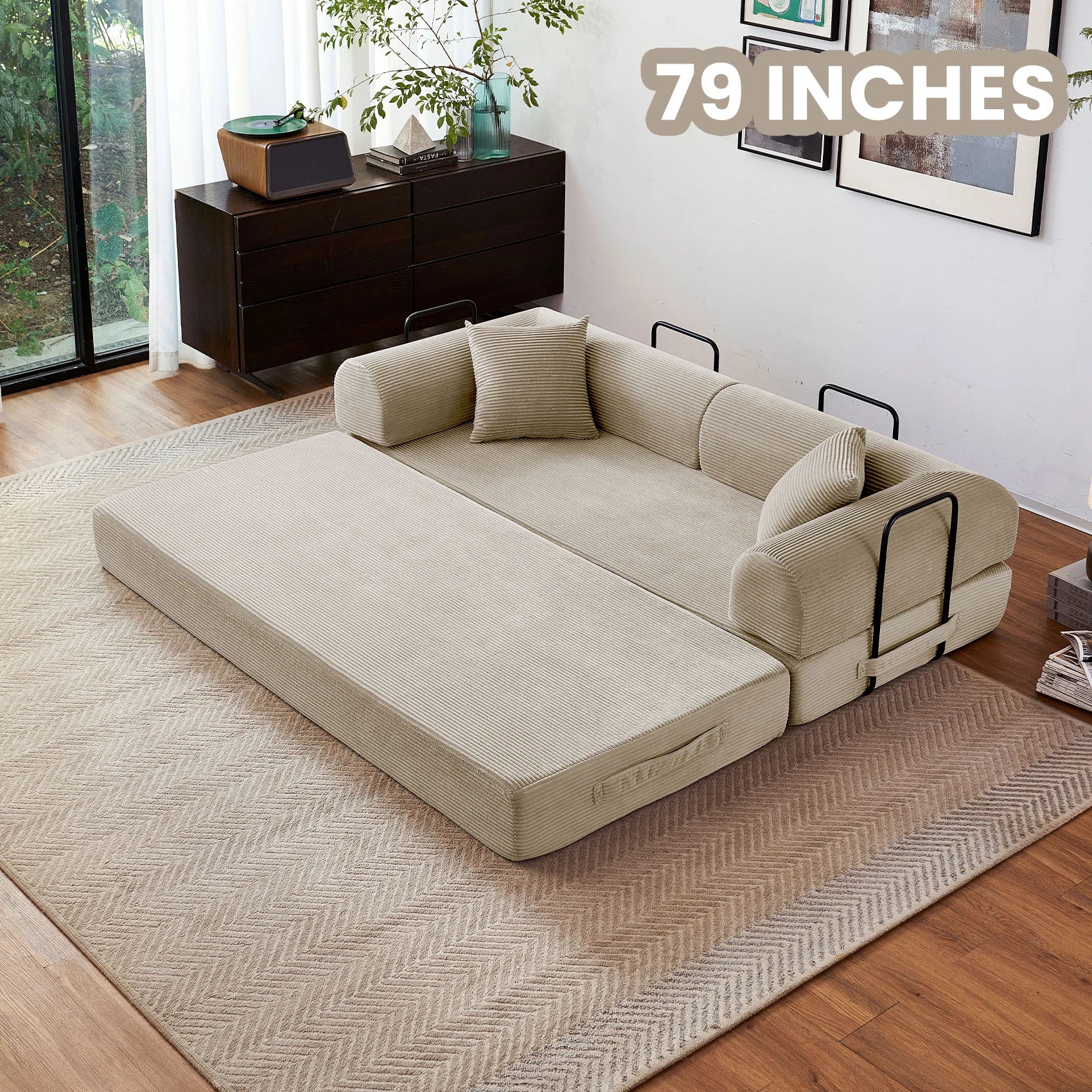 79'' Boneless Couch Foldable Convertible Futon Sleeper Sofa Bed Floor Lounge with L-Shaped Armrests for Living Room Sofas
