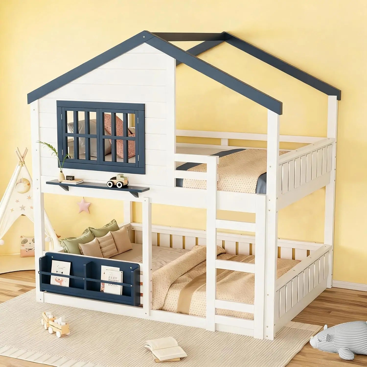 Full Size House Bunk Bed with Bookshelf Safety Fencing Shelves Ladder Kids Floor Bedroom Furniture Natural Wood Custom