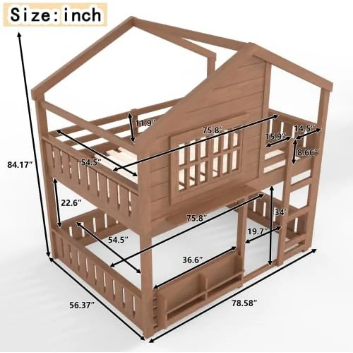 Full Size House Bunk Bed with Bookshelf Safety Fencing Shelves Ladder Kids Floor Bedroom Furniture Natural Wood Custom