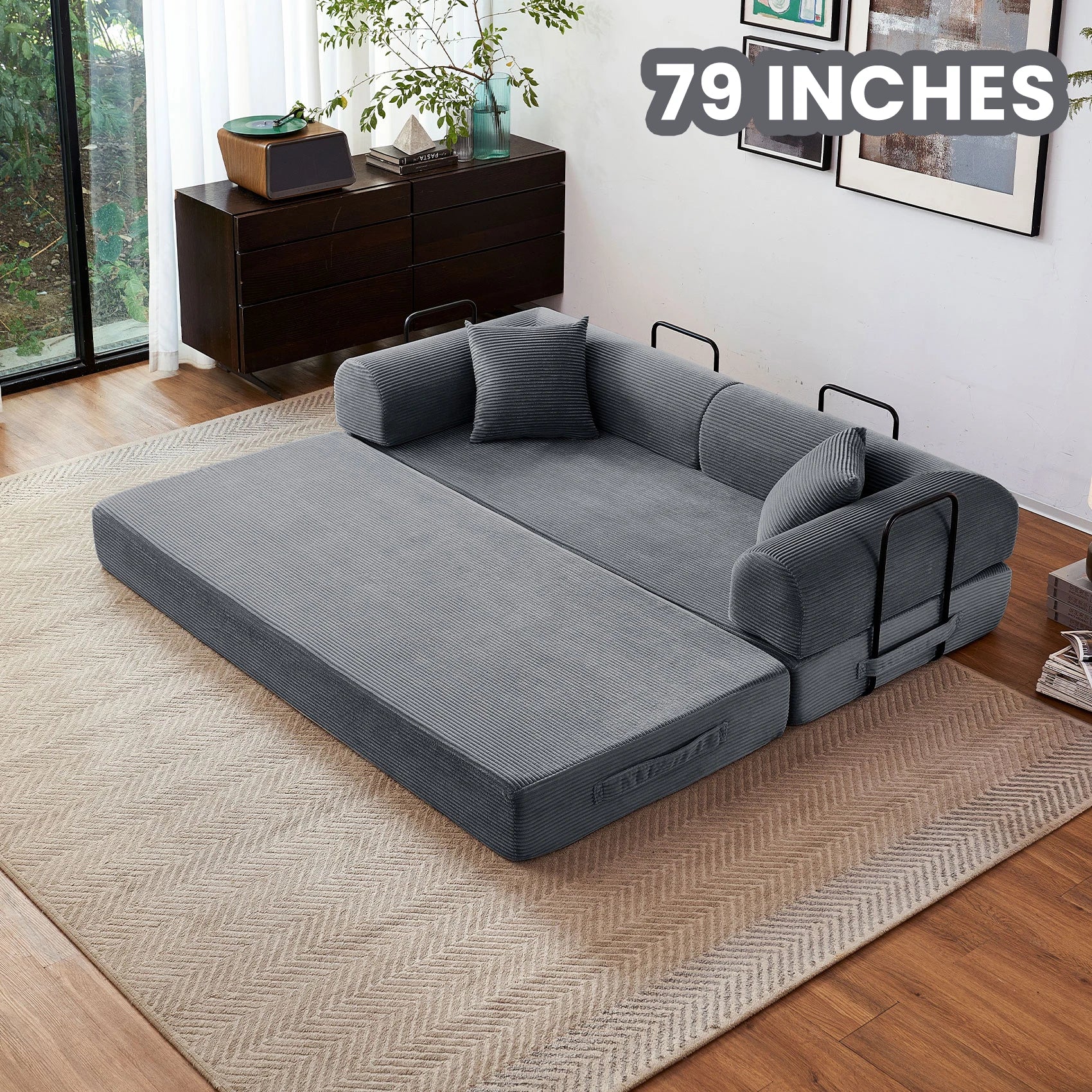 79'' Boneless Couch Foldable Convertible Futon Sleeper Sofa Bed Floor Lounge with L-Shaped Armrests for Living Room Sofas