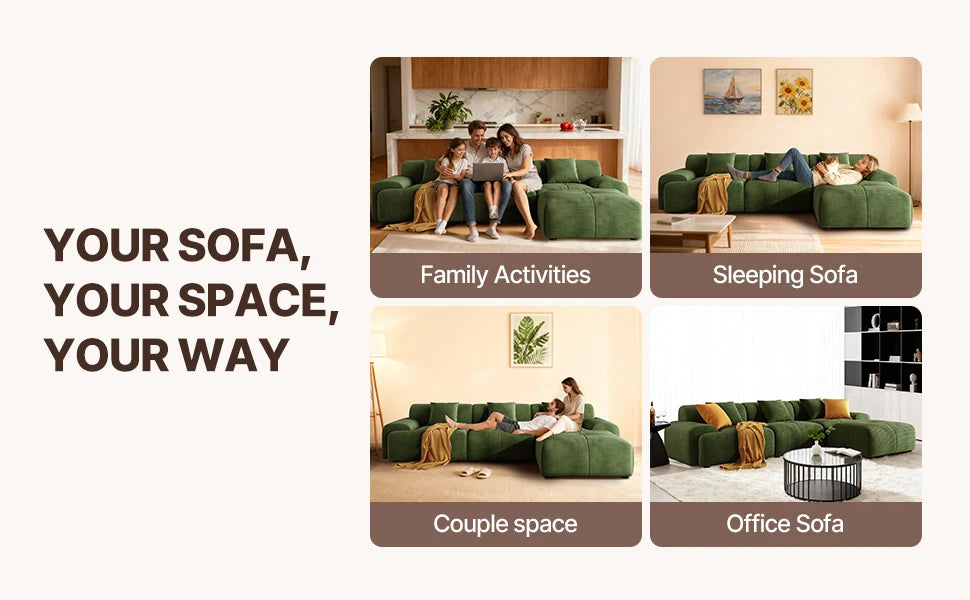 113" Modern L-Shaped Modular Sectional Sofa for Living Room, Corduroy Upholstery Green, 3-Seater Cloud Couchand Movable Ottoman