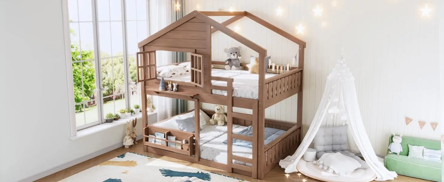 Full Size House Bunk Bed with Bookshelf Safety Fencing Shelves Ladder Kids Floor Bedroom Furniture Natural Wood Custom