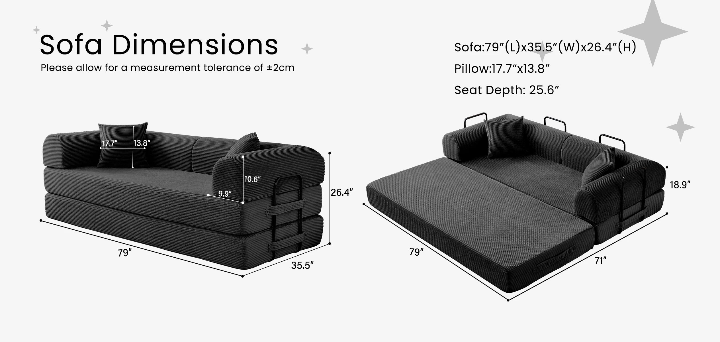 79'' Boneless Couch Foldable Convertible Futon Sleeper Sofa Bed Floor Lounge with L-Shaped Armrests for Living Room Sofas